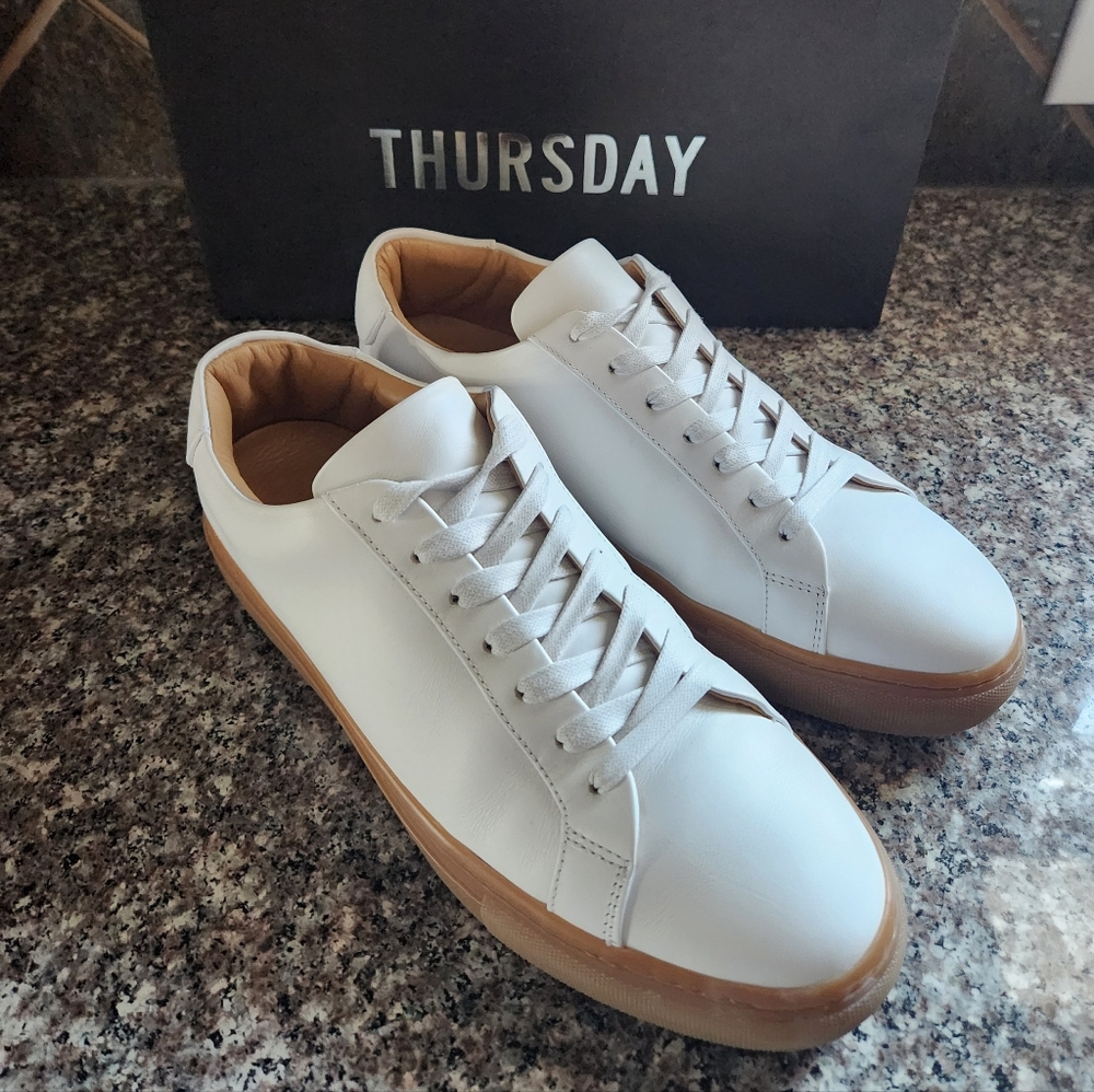 Thursday Boot Company White Leather Sneakers with Tan Sole and Lined Collar